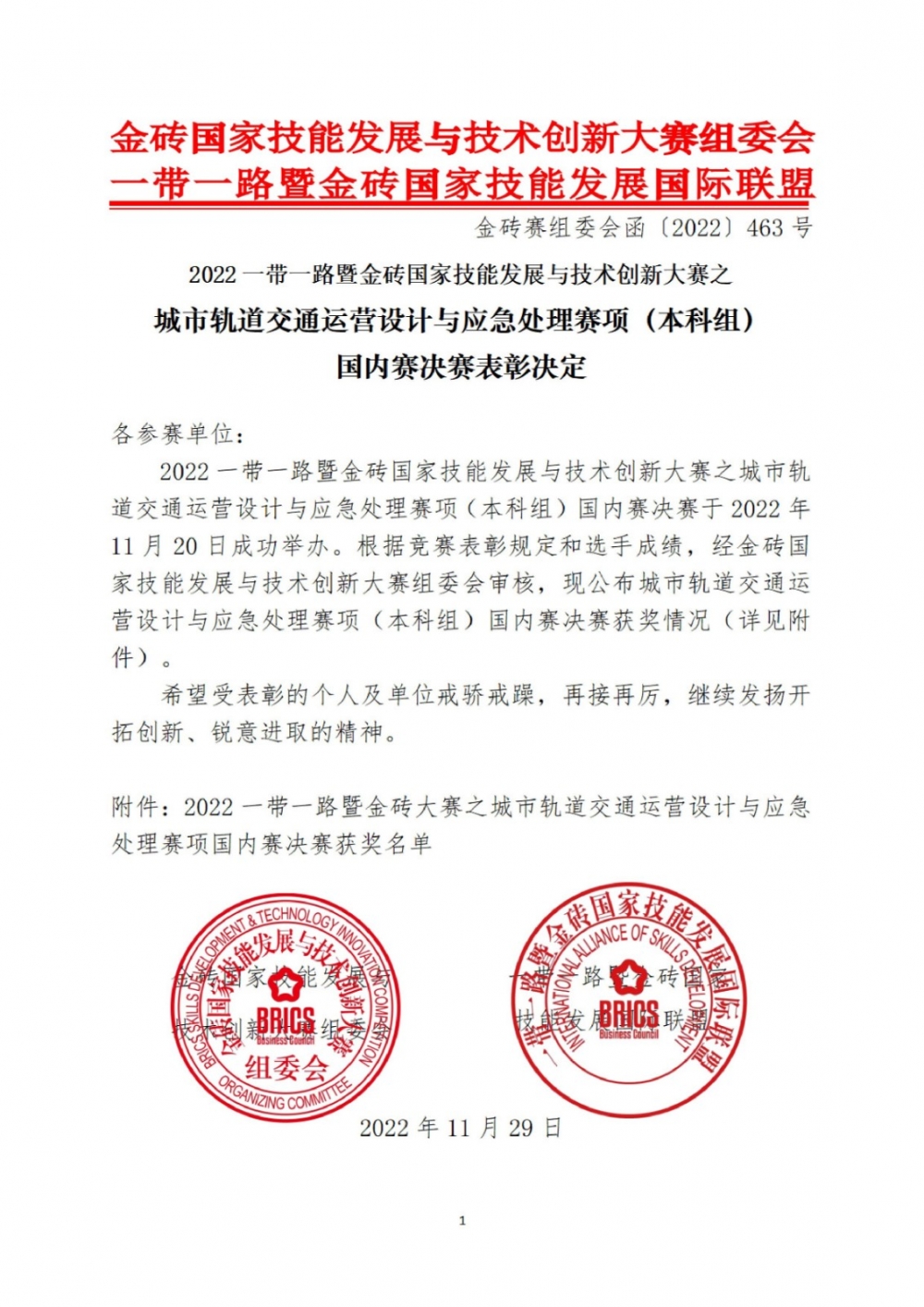 2022一帶一路暨金磚大賽之城市軌道交通運營設(shè)計與應(yīng)急處理賽項（本科組）國內(nèi)賽決賽表彰文件_00001 (1)